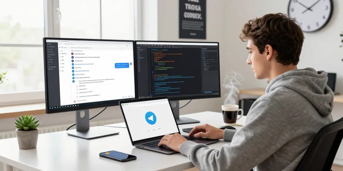 Download Telegram on a modern digital workspace with a young professional using the app interface while working.