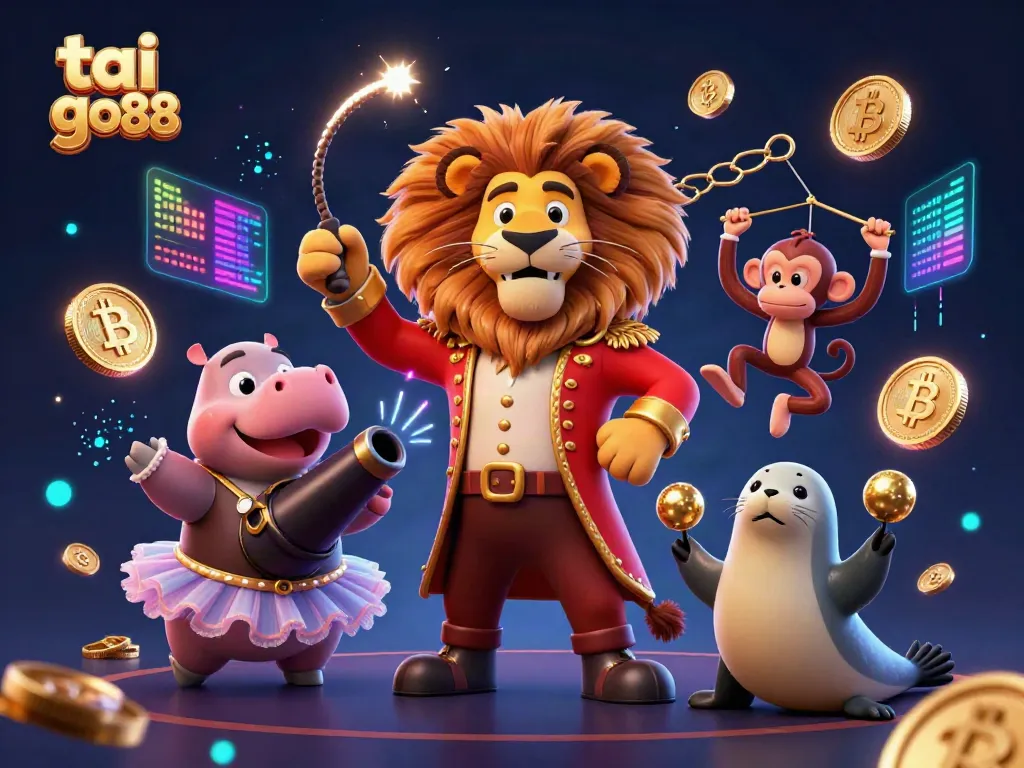 Play exciting games and win with tai go88 at this vibrant digital casino, featuring animated characters and glowing cryptocurrencies.
