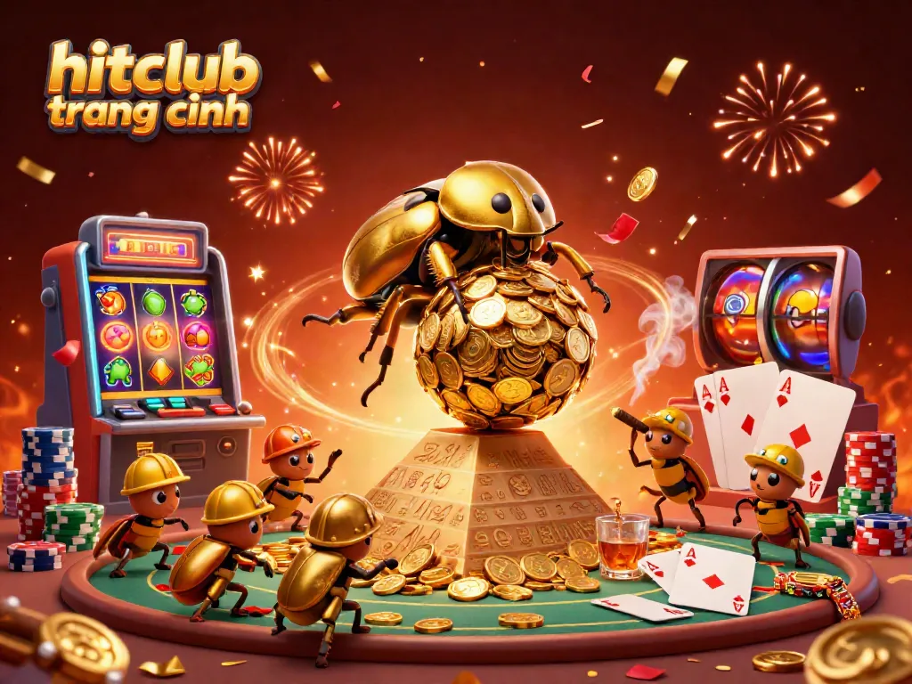 Engage in thrilling casino action at hitclub trang chính, where a golden beetle rolls coins and vibrant gambling elements enrich the atmosphere.