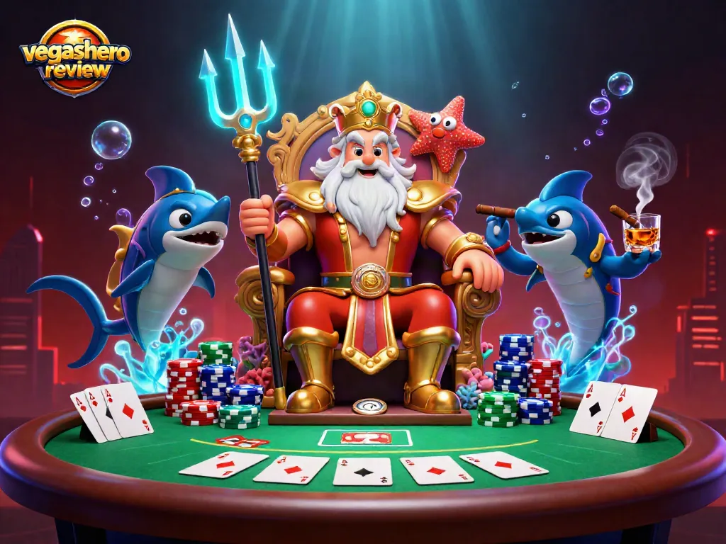 Experience the vegashero review through an engaging 3D illustration of Neptune in a vibrant casino setting.