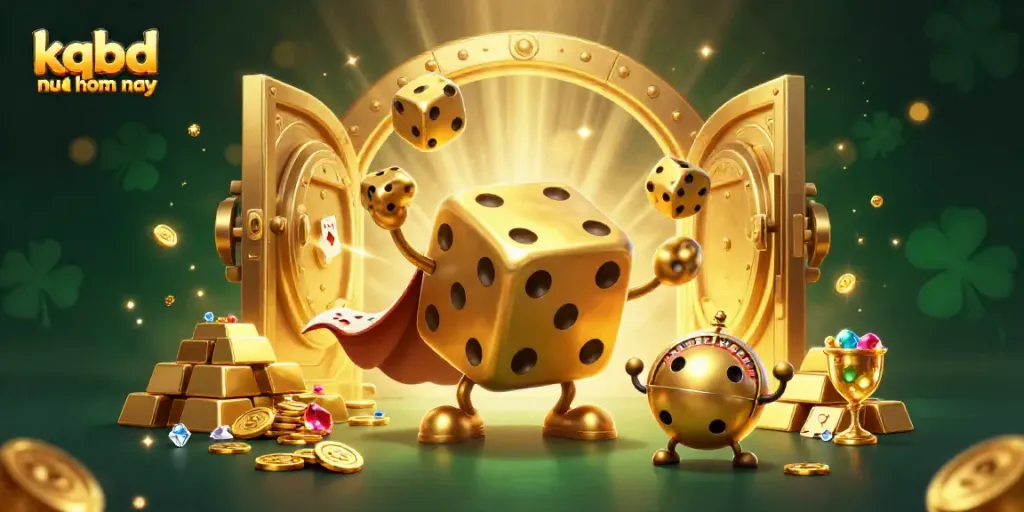 Engage with the latest kqbd nu hom nay as golden dice characters illuminate a treasure-filled scene.