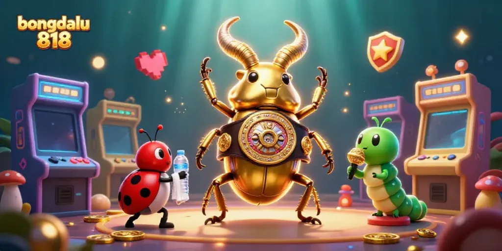 Experience thrilling action with bongdalu 818 as the golden stag beetle battles in a vibrant casino scene.