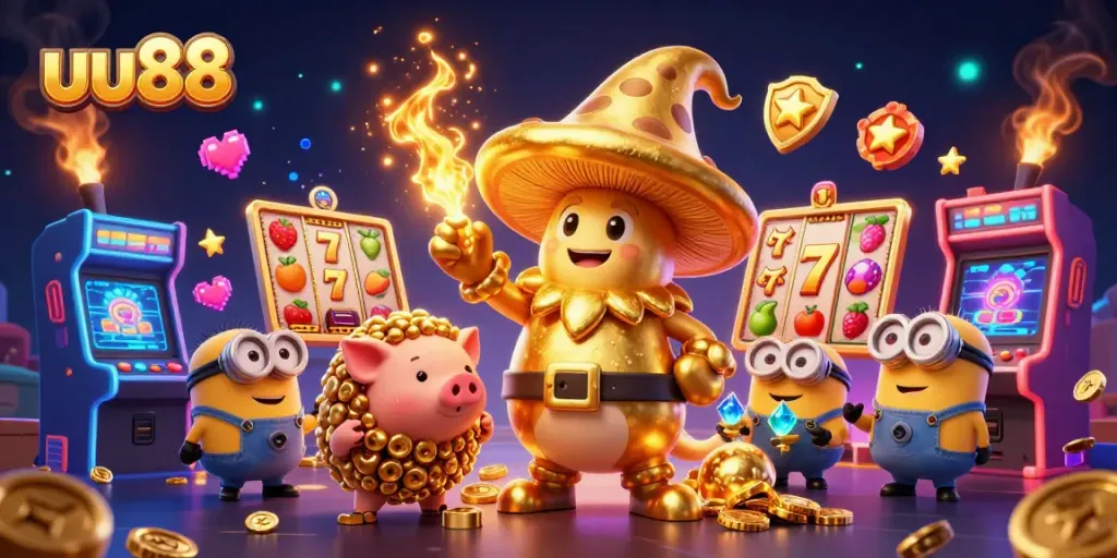 uu88 showcases a dynamic 3D gaming scene filled with golden treasures and vibrant casino elements.