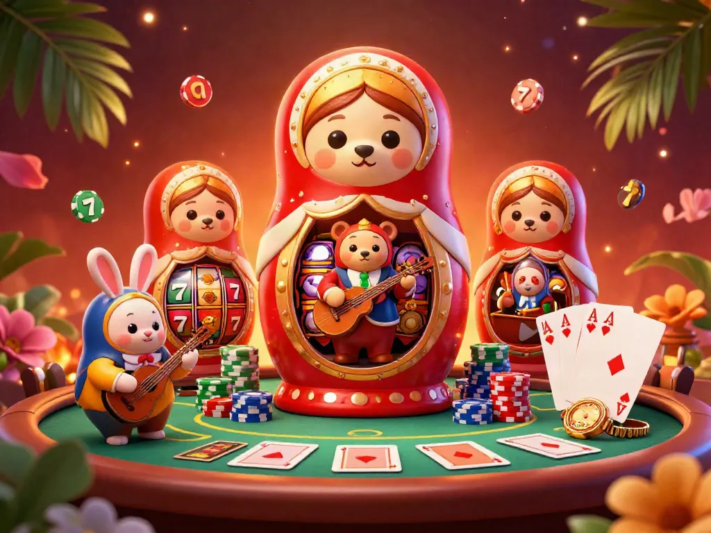 Engage in thrilling slot games with a vibrant 3D scene showcasing unique casino characters.