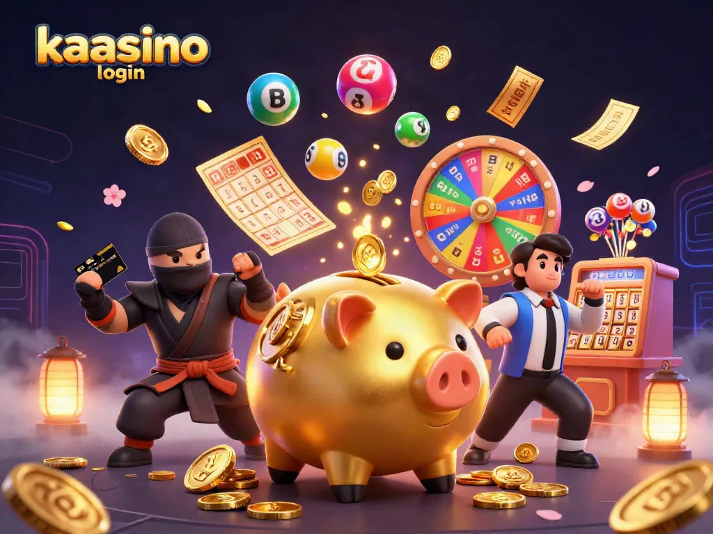 Experience the vibrant casino atmosphere with kaasino login featuring a dynamic illustration of a golden piggy bank and other elements.