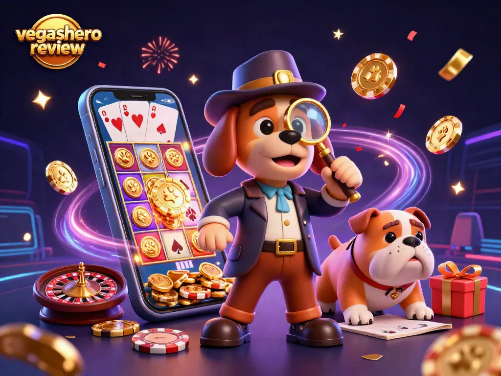 Engage with our vegashero review depicting characters analyzing poker chips and games, packed with vibrant casino elements.