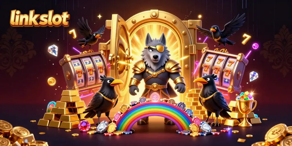 Win big with link slot! Odin and ravens at a glowing casino scene packed with treasures.