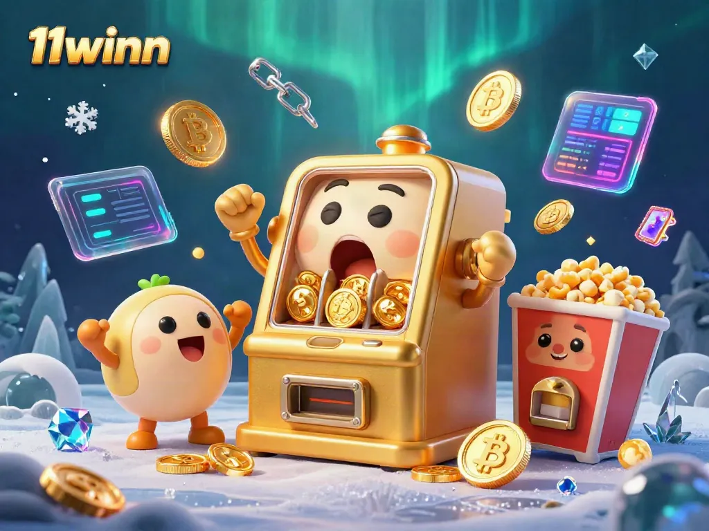 Win exciting jackpots at 11winn with vibrant golden slot machines and crypto elements.
