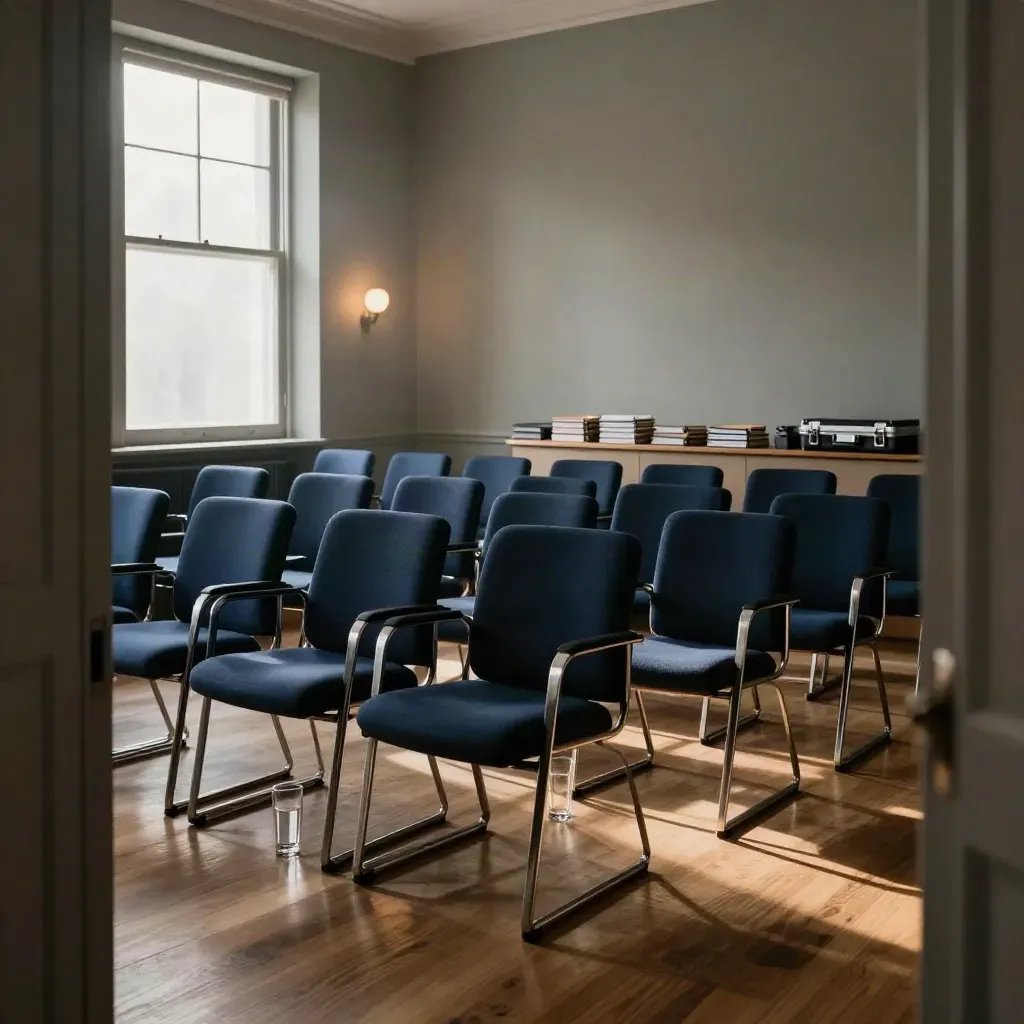 Lege trainingszaal met twintig stoelen, glazen, notitieblokken en een gesloten koffer in koel raamlicht.