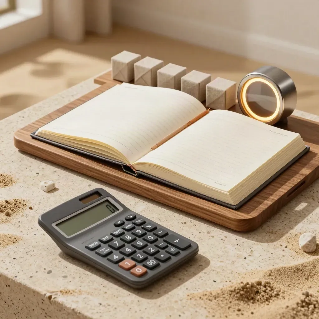 Bovenaanzicht van een finance-examenstation met calculator, tabbladen en timer in warme neutrale tinten.
