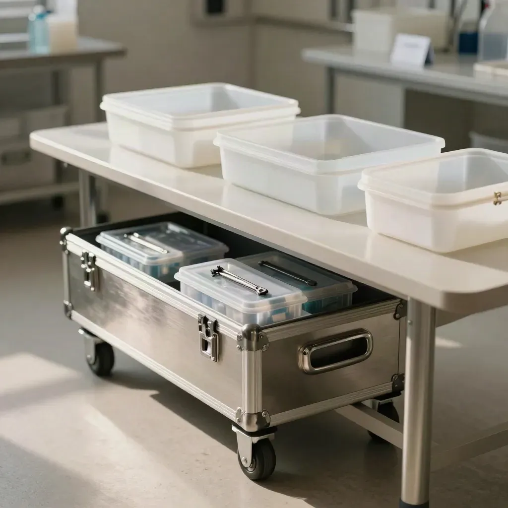 Klinische werkruimte met rolkoffers, trays en trainingskits, klaar voor de volgende workshop.