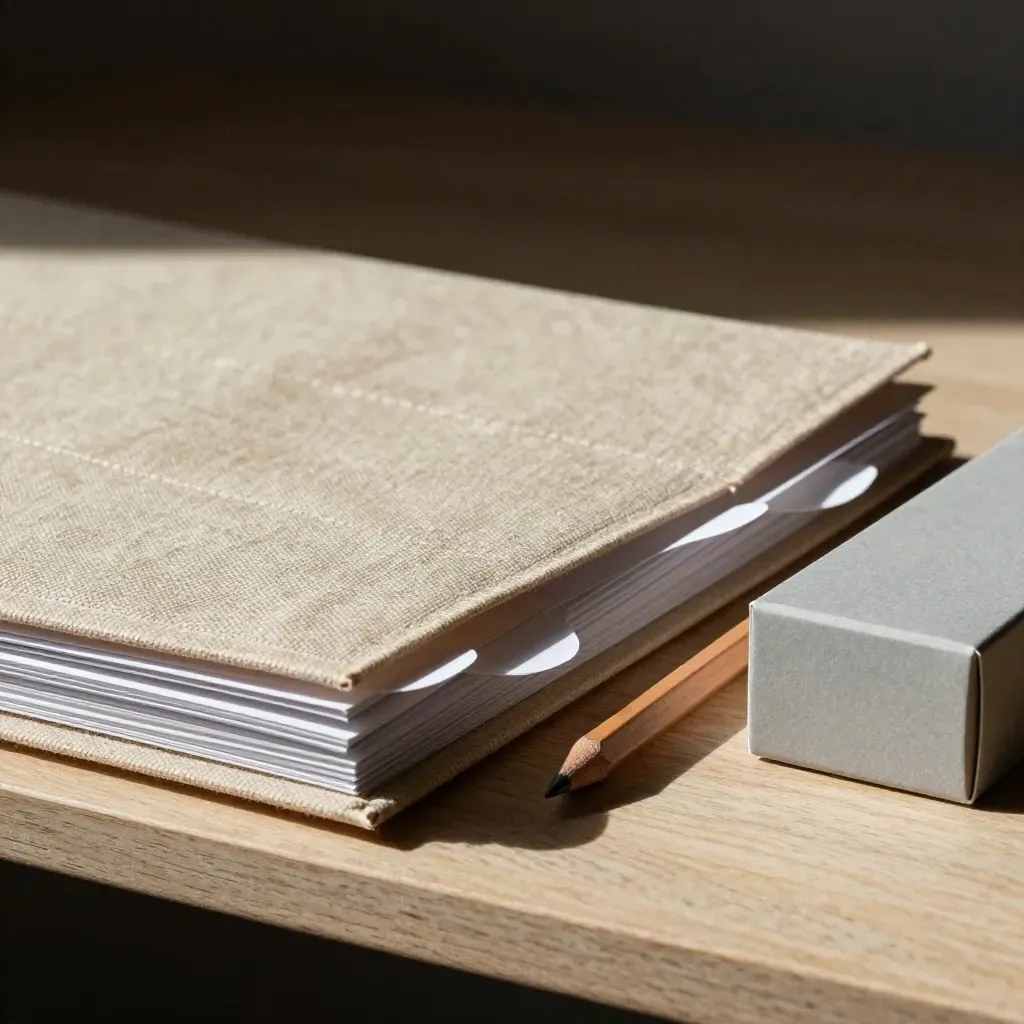 Linnen curriculummap met indextabs, potloodstomp en matte kaartendoos in schuin close-up.