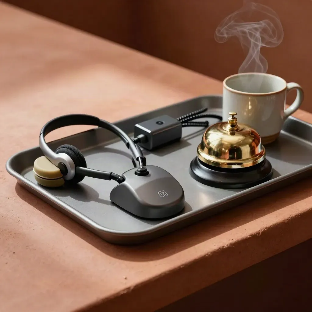 Bovenaanzicht van een helpdesk-tray met headsetdock, bel en mok op terracotta ondergrond.
