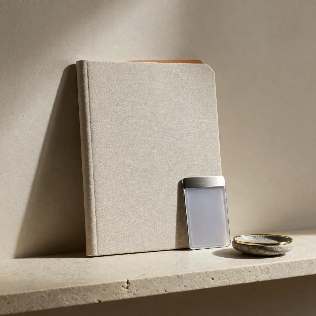 Registratiefolder, key-card sleeve en stenen schotel op een lichte stenen plank.