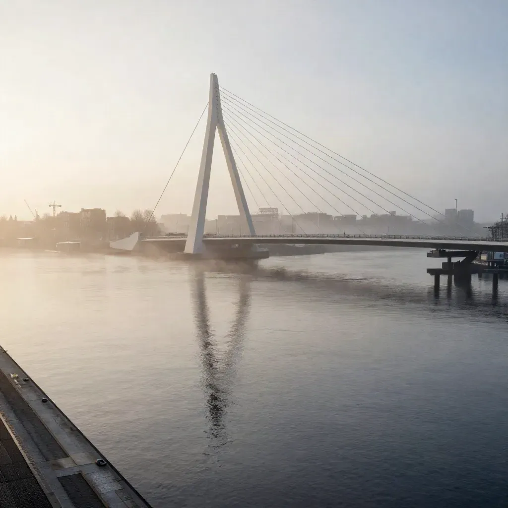 Brug bij de Amsterdamse IJ-oever in ochtendnevel met rustige waterpartij.