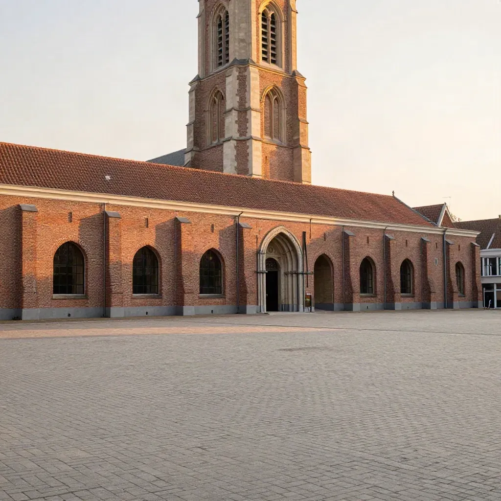 Noord-Brabantse kerk­toren boven een rustig, leeg plein in avondlicht