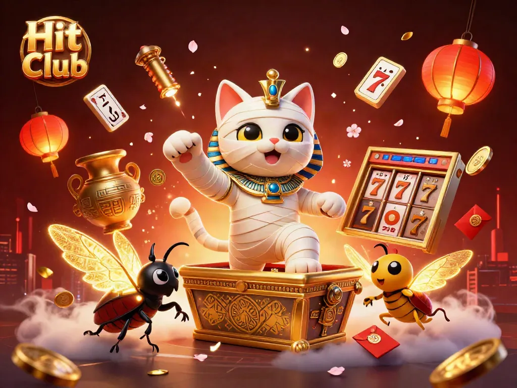 Experience the exciting thrills of Hit Club with an enchanted Egyptian mummy cat and golden gaming elements.