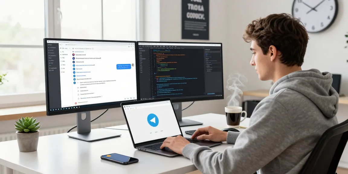 Download Telegram on a modern digital workspace with a young professional using the app interface while working.