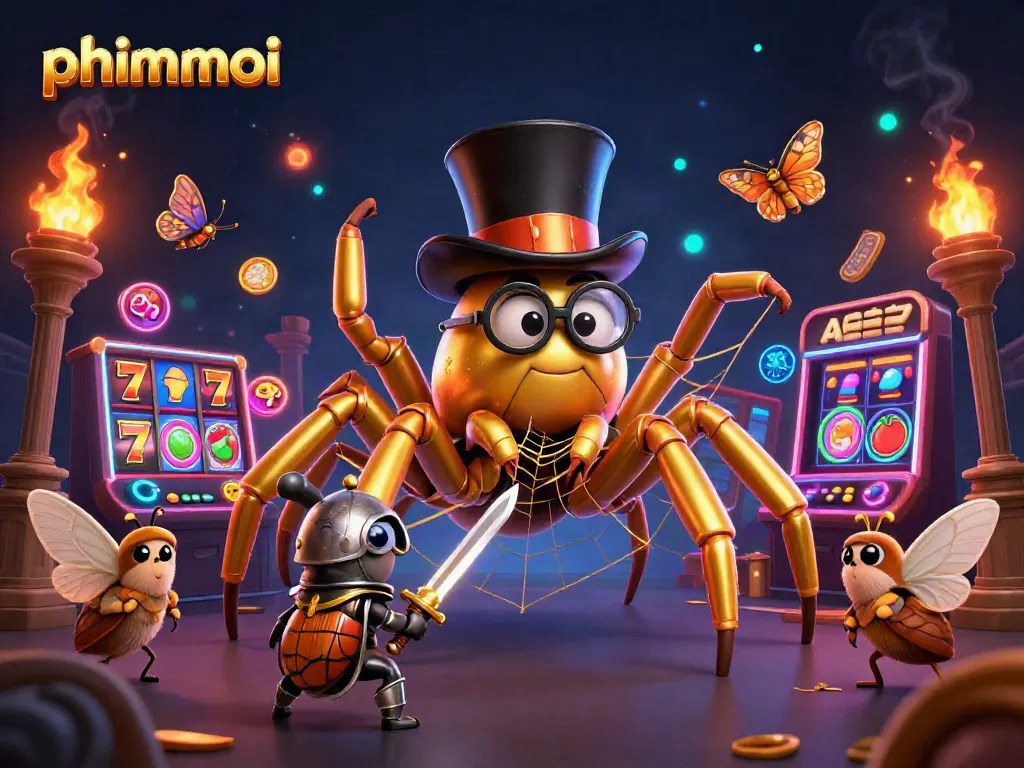 phimmoi showcases a giant golden tarantula and a brave beetle knight amidst vibrant casino slots