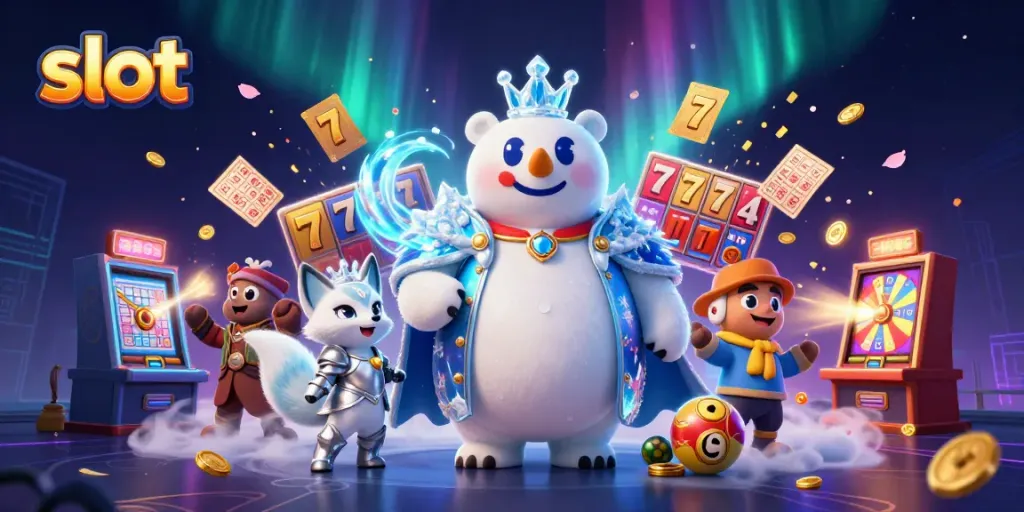 Engage in exciting slot games with vibrant characters and dynamic casino elements swirling around, creating a thrilling gambling atmosphere.
