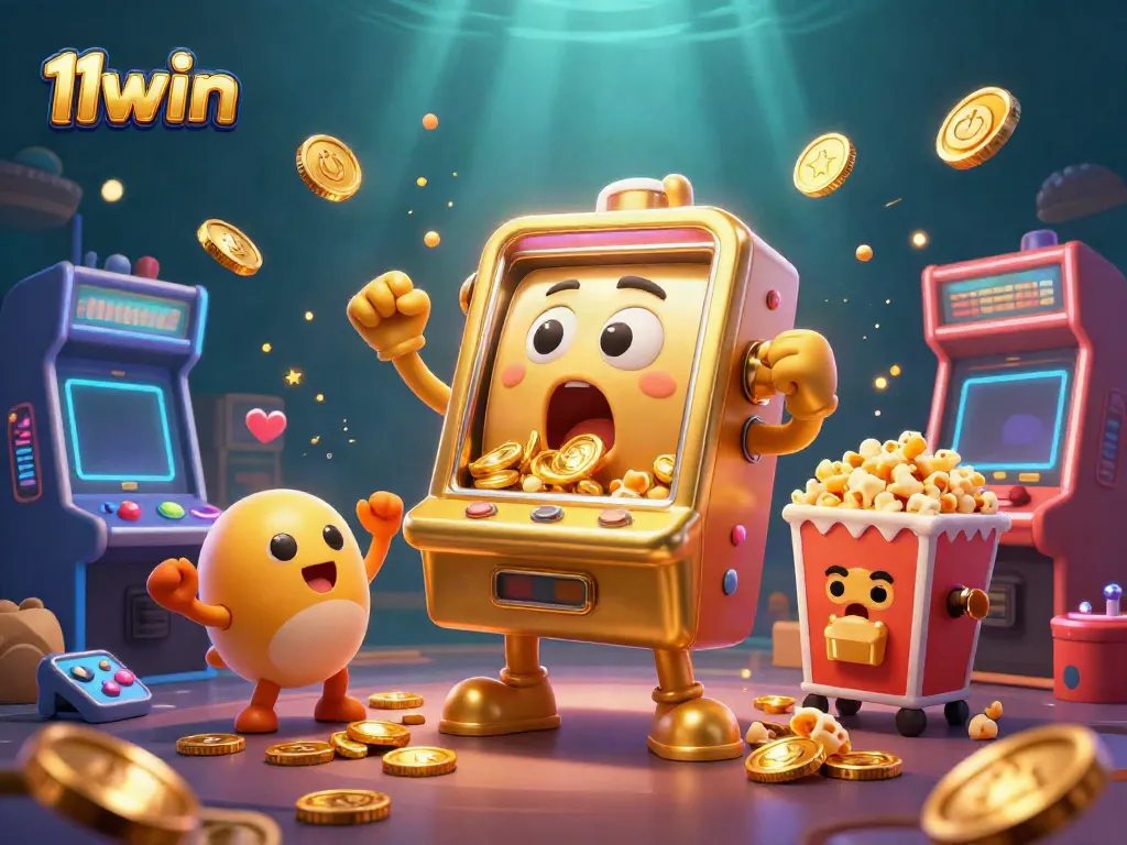 Experience the thrill of 11win with a golden slot machine hitting the jackpot surrounded by cheering machines and game elements.