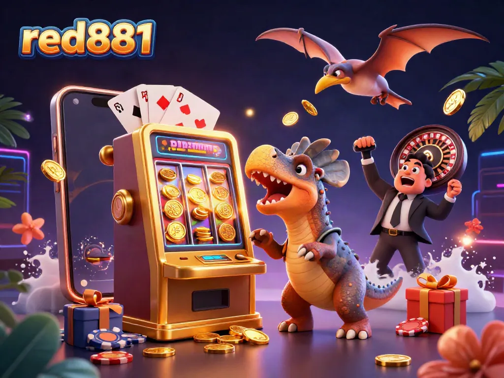 Red881 casino scene with a pachycephalosaurus and golden slot machine, delivering jackpot coins dynamically.
