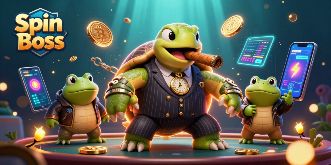 Spin Boss casino fun with a snapping turtle mobster enforcer amidst vibrant crypto elements