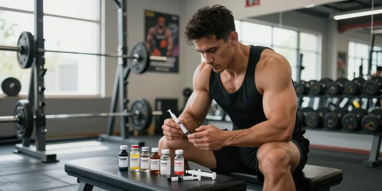 Prime Pharma Steroids injectables in een moderne sportschool met atleet, vials en gewichten.