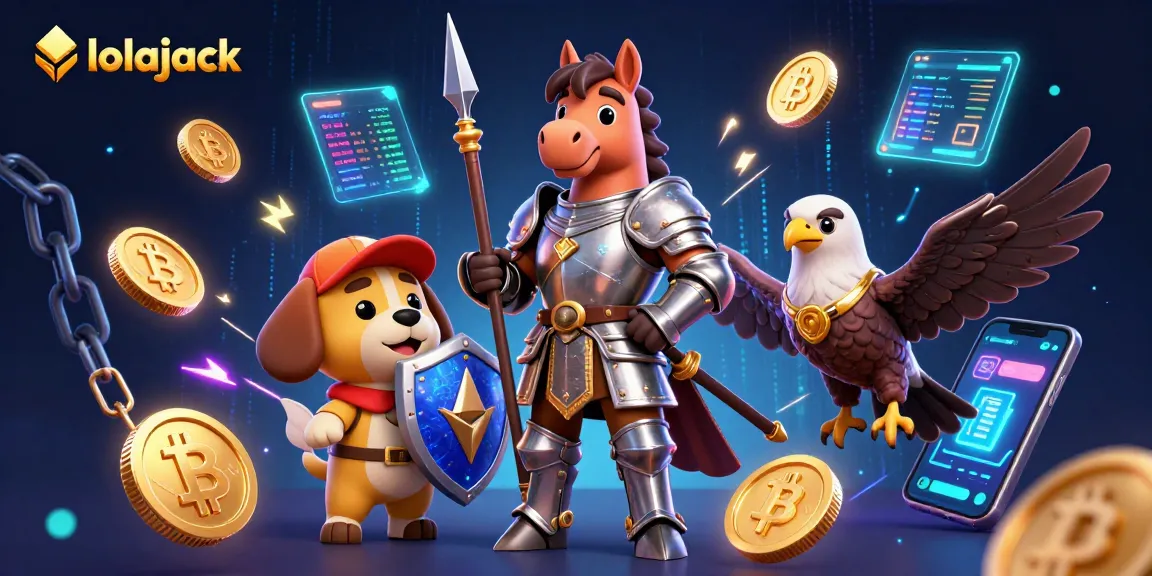 Engage with the fun at lolajack casino featuring medieval characters amid glowing cryptocurrency elements.