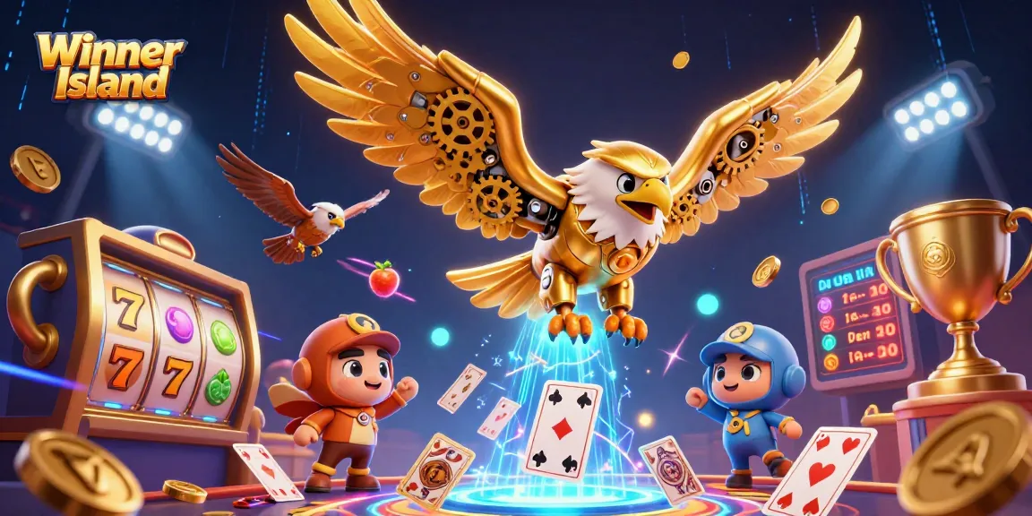 Experience the thrill of Winner Island with a golden eagle and dynamic casino elements.